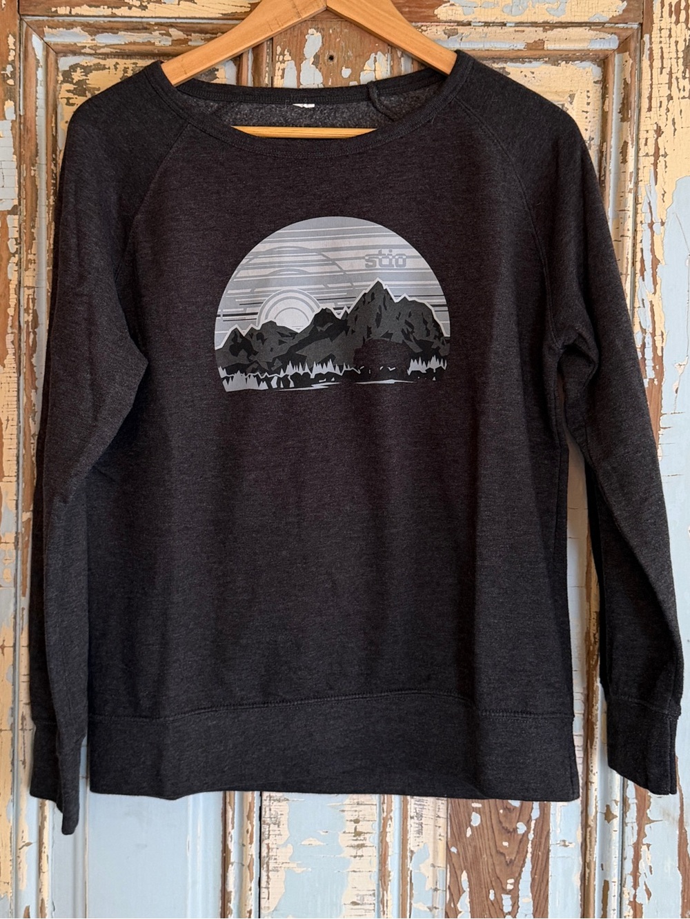 Stio Women's Dark Charcoal Crewneck Sweater with Mountain Graphic